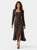 Women's Long Sleeve Maxi Dress with Belt – Square Neck