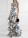 Women's Blue and white floral maxi dress with halter neckline