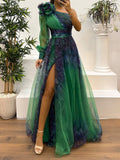 Women's Elegant One-Shoulder Maxi Mesh Dress with Gradient Abstract