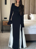 Women's Elegant Black and White Flared Maxi Dress with Long Sleeves