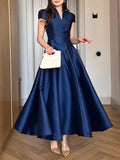 Women's Elegant Long Dress in Navy Blue with V-Neck Collar