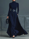 Women's Chic Dark Blue Knit Dress with Stand Collar