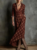 Women's Elegant Green Plaid Lapel Single-Breasted Shirt Dress for a