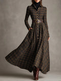 Women's Long plaid brown and black shirt with a spread collar and