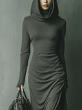 Women's Dark Gray Hooded Long Maxi Knit Dress with High Elasticity