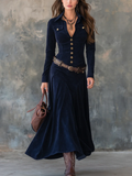 Women's Elegant vintage flap pocket polyester suede maxi dress with