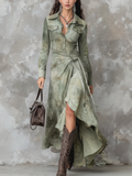 Women's Chic Vintage Sage Green Tie-Dye Pocket Slim Maxi Dress -