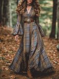 Women's Maxi Dress with Flared Sleeves and V-Neck in Plaid for