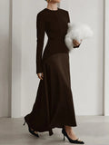 Women's Elegant Long Dress in Dark Brown with Stylish Patch Design