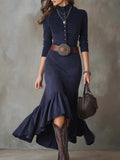 Women's Elegant Navy Blue Maxi Dress with Stand Collar