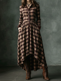 Women's Maxi dress with brown checkered pattern, retro pockets, and