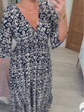 Women's Casual Bohemian Long Dress with Print, V-Neckline, and Waist