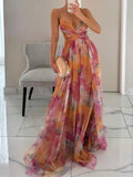 Women's Elegant Dress with Painted Floral Print and V-neck