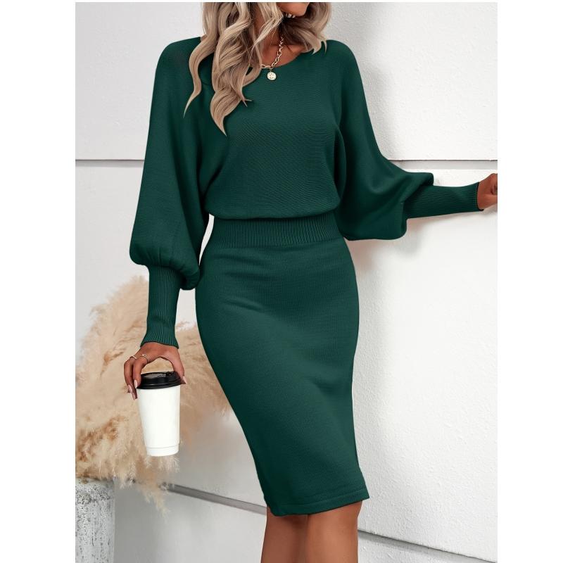 Women's Chic Waist-Defining Sweater Dress with Dramatic Lantern