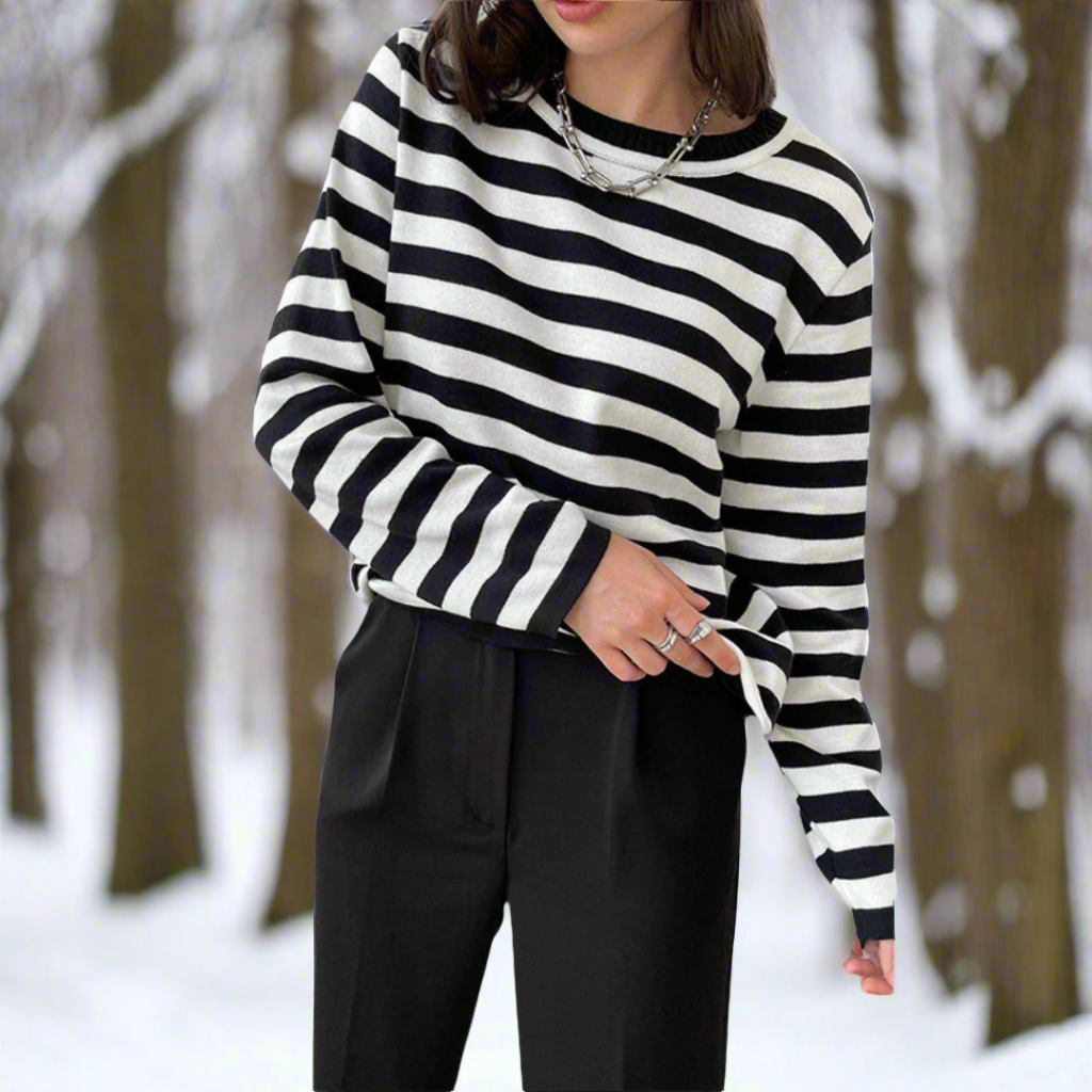 Women’s Striped Long Sleeve T-Shirt – Round Neck Casual Top