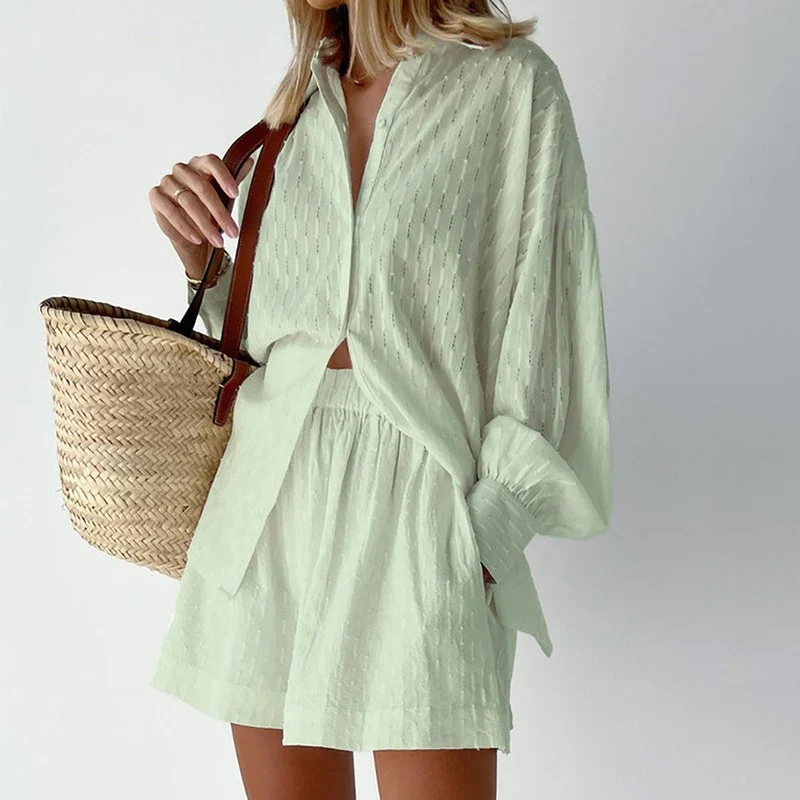 Women's Summer Two-Piece Set: Button-Down Top & Casual Shorts
