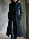 Women's Inspired Blue-Green Checkered Midi Jacket with Color-Block