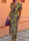 Women's Elegant Long Printed Slim Fit Dress with V-Neck and Short