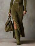 Women's Green Vintage Maxi Dress with Zipper Closure Belt (Belt